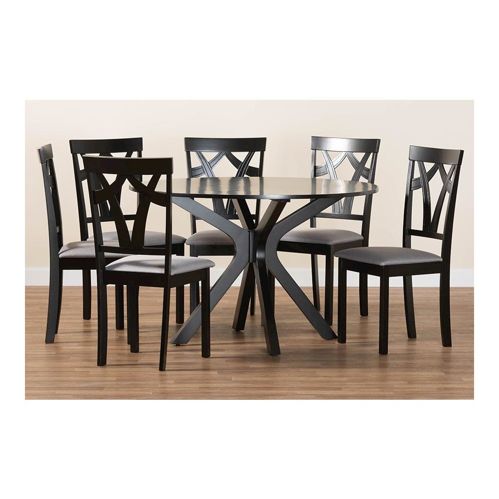 Luise Modern Grey Fabric and Dark Brown Finished Wood 7-Piece Dining Set. Picture 9
