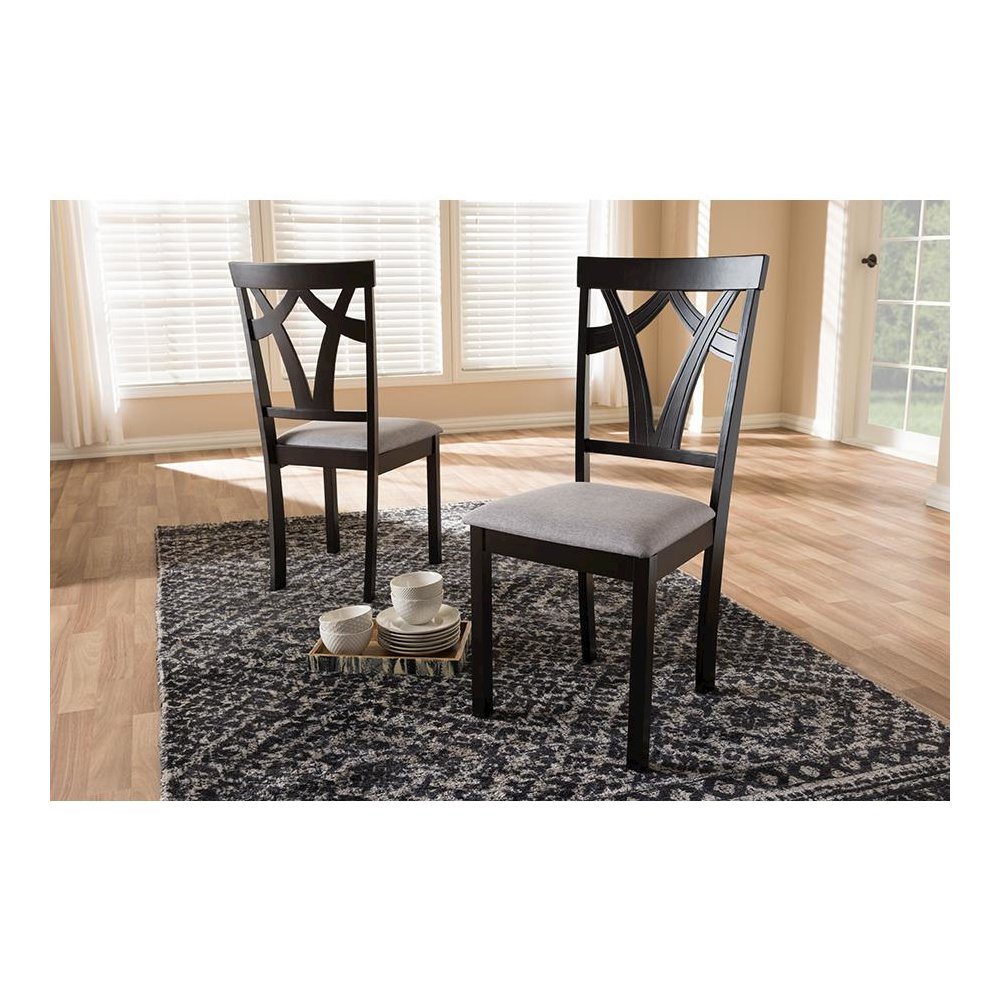 Grey Fabric Upholstered and Dark Brown Finished Dining Chair (Set of 2). Picture 5