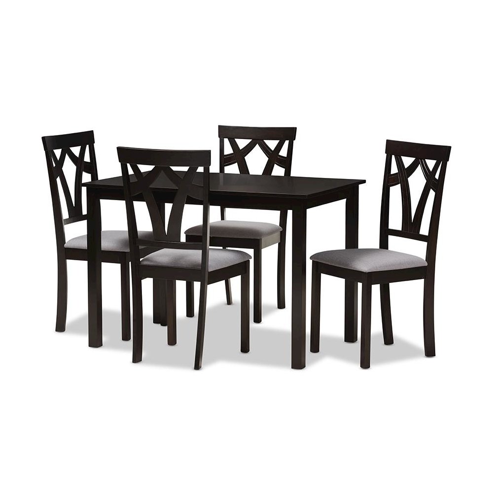 Grey Fabric Upholstered and Dark Brown Finished 5-Piece Dining Set. Picture 1