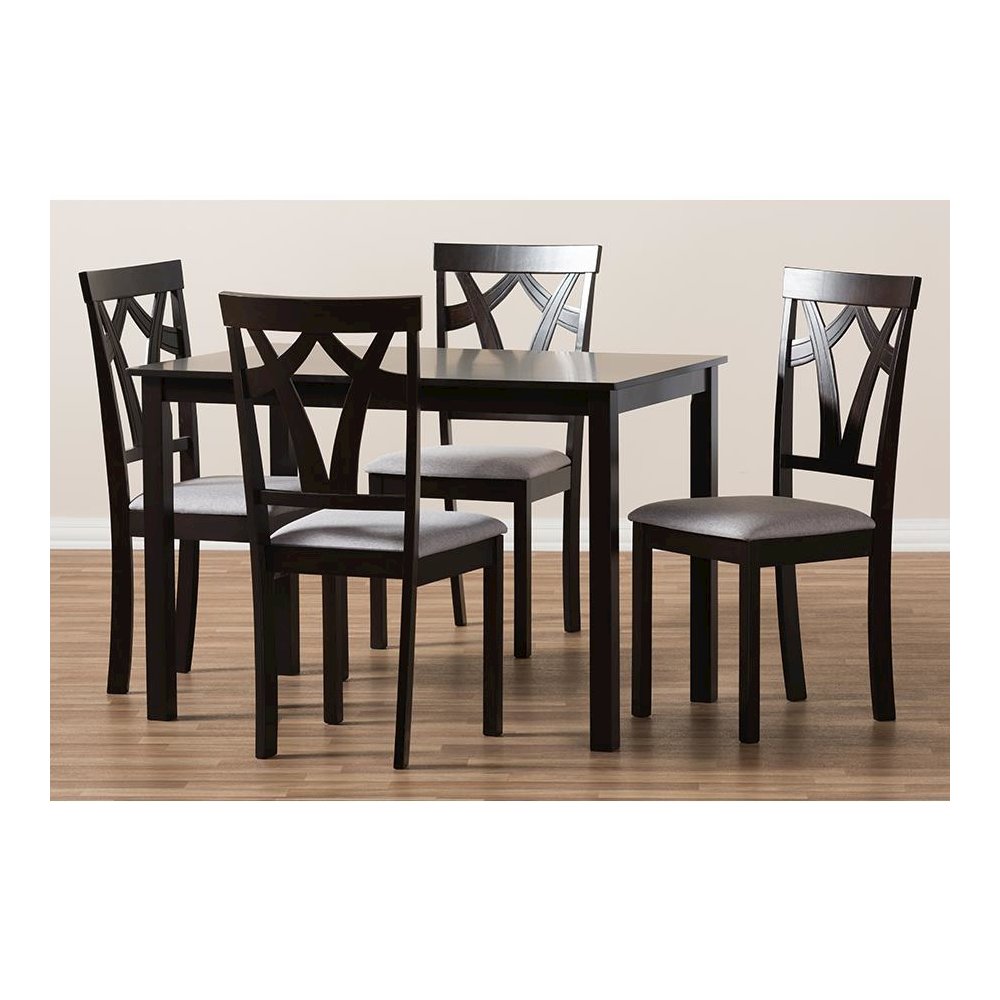 Grey Fabric Upholstered and Dark Brown Finished 5-Piece Dining Set. Picture 6