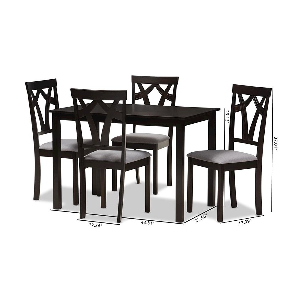 Grey Fabric Upholstered and Dark Brown Finished 5-Piece Dining Set. Picture 7