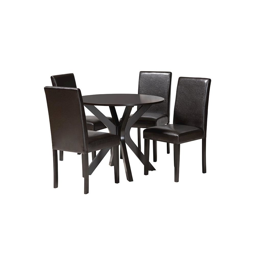 Asli Modern Espresso Brown Faux Leather and Wood 5-Piece Dining Set. Picture 1