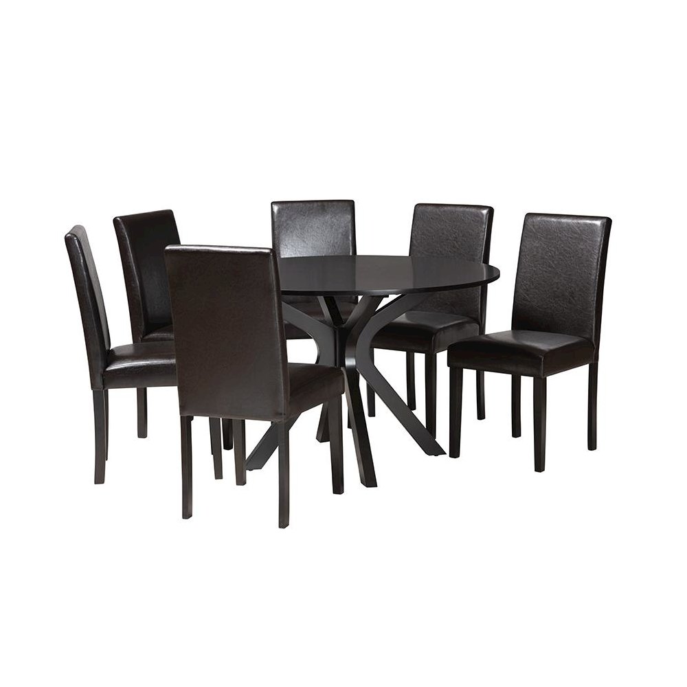 Asli Modern Espresso Brown Faux Leather and Wood 7-Piece Dining Set. Picture 1