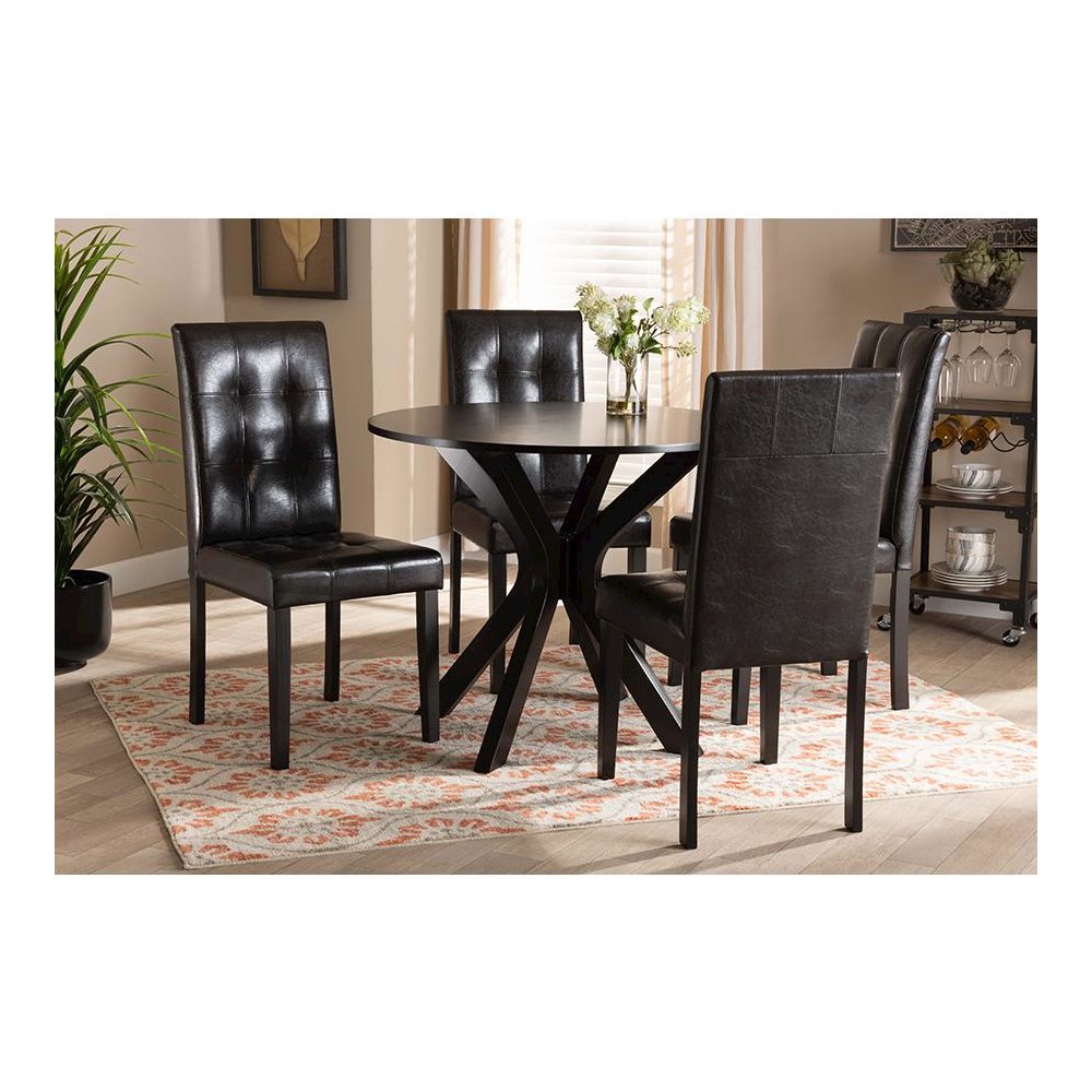 Leather Upholstered and Dark brown Finished Wood 5-Piece Dining Set. Picture 7