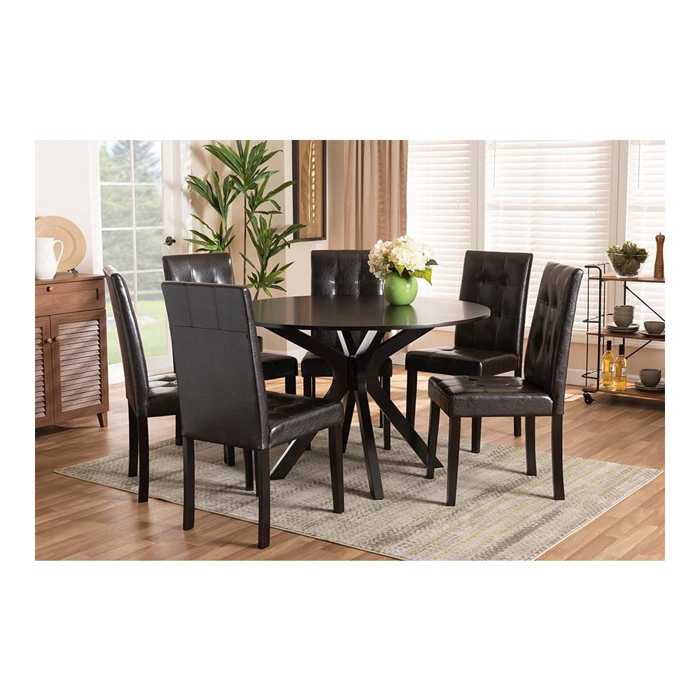 Leather Upholstered and Dark brown Finished Wood 7-Piece Dining Set. Picture 7