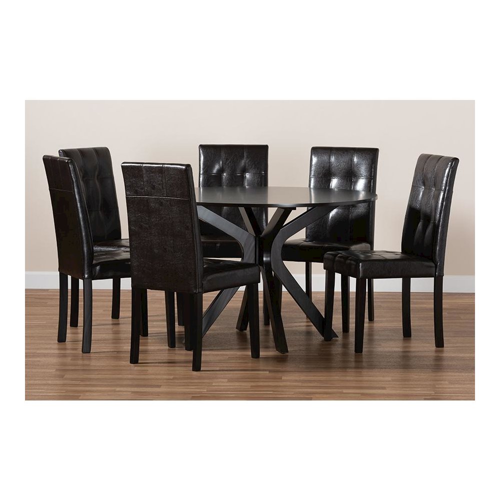 Leather Upholstered and Dark brown Finished Wood 7-Piece Dining Set. Picture 8