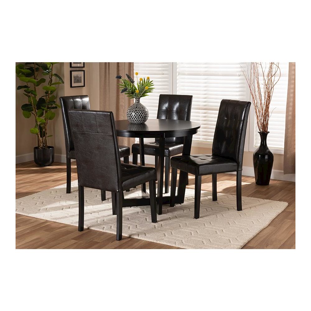 Leather Upholstered and Dark Brown Finished Wood 5-Piece Dining Set. Picture 7