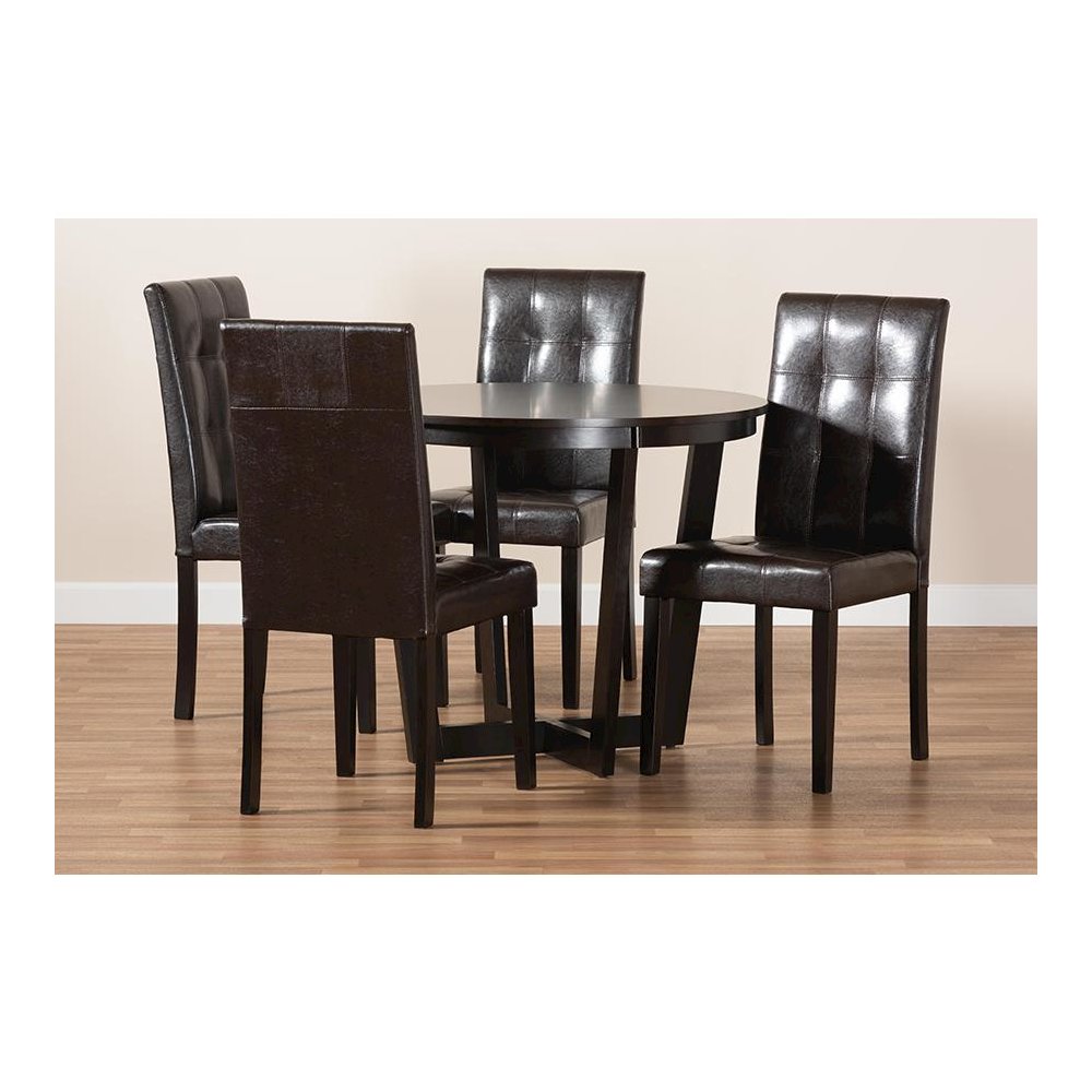 Leather Upholstered and Dark Brown Finished Wood 5-Piece Dining Set. Picture 8