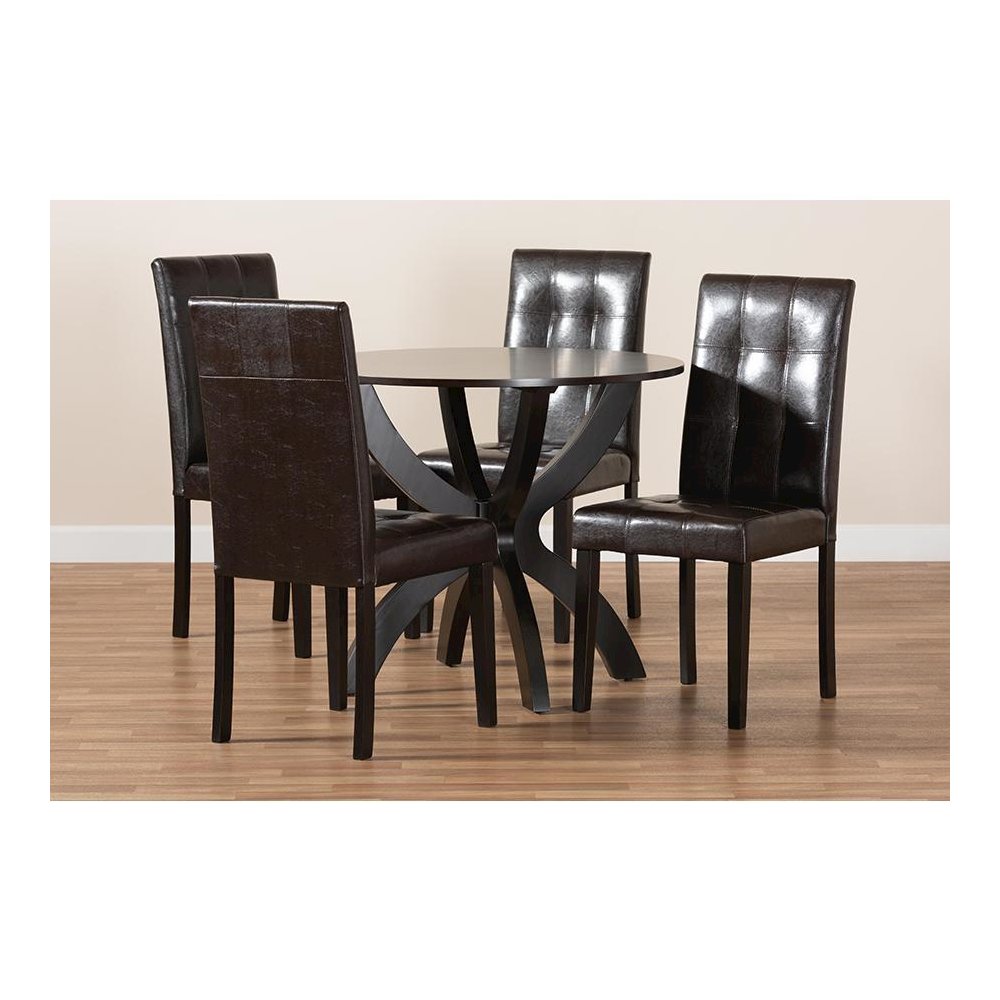 Leather Upholstered and Dark Brown Finished Wood 5-Piece Dining Set. Picture 8