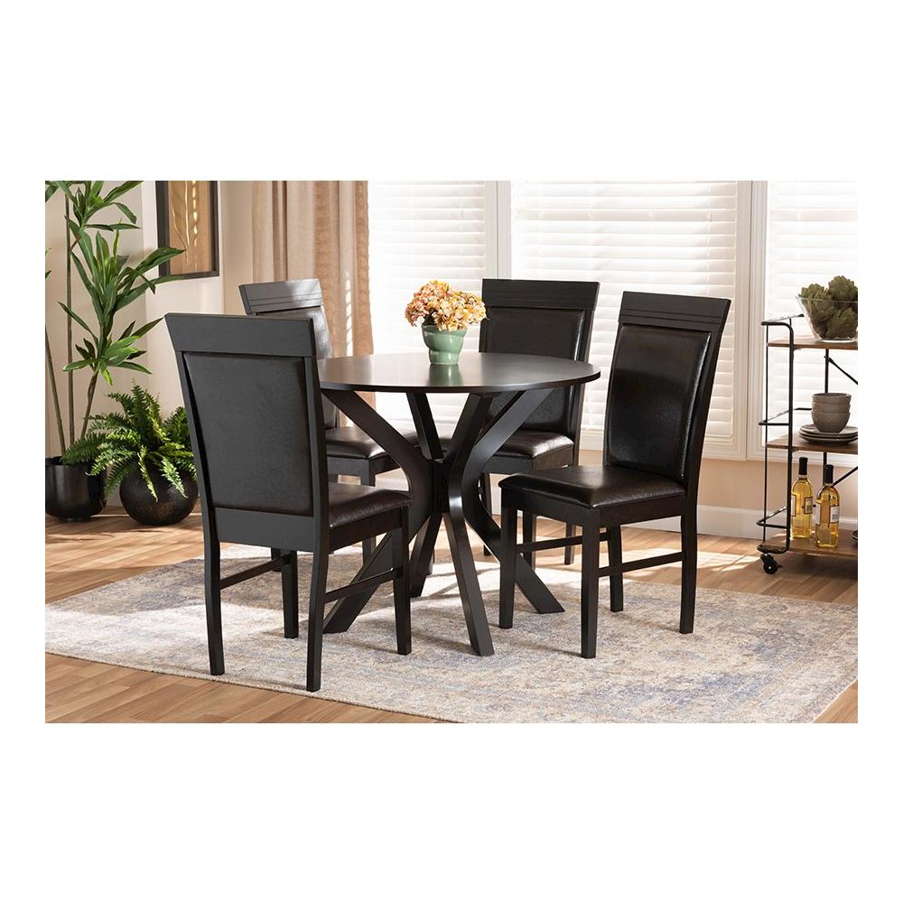 Leather Upholstered and Dark Brown Finished Wood 5-Piece Dining Set. Picture 7