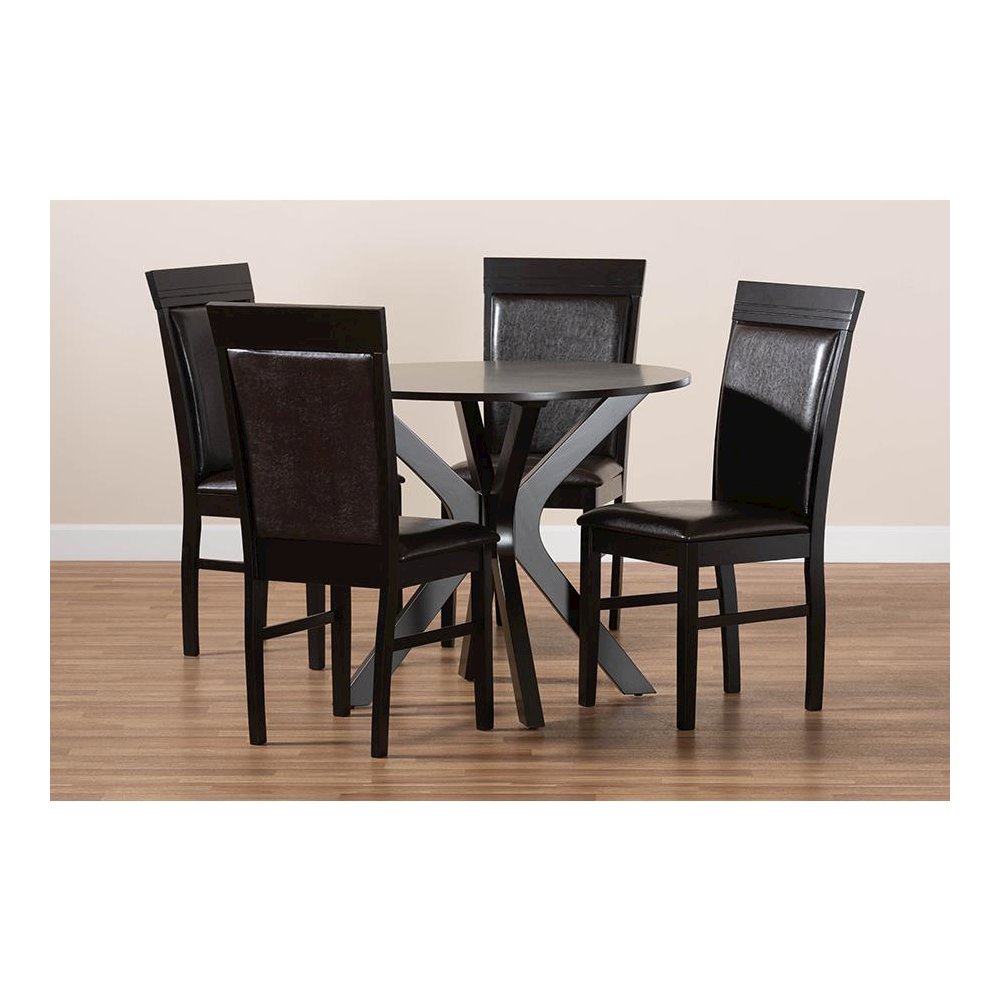 Leather Upholstered and Dark Brown Finished Wood 5-Piece Dining Set. Picture 8