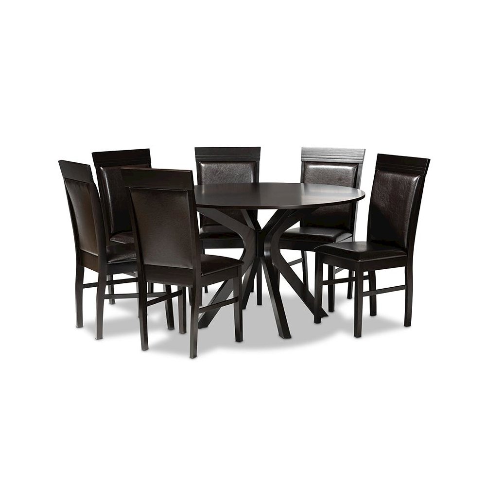 Leather Upholstered and Dark Brown Finished Wood 7-Piece Dining Set. Picture 1