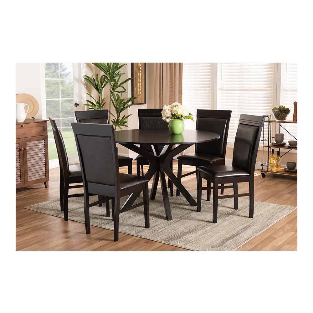 Leather Upholstered and Dark Brown Finished Wood 7-Piece Dining Set. Picture 7