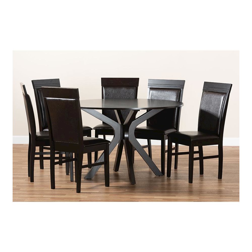 Leather Upholstered and Dark Brown Finished Wood 7-Piece Dining Set. Picture 8