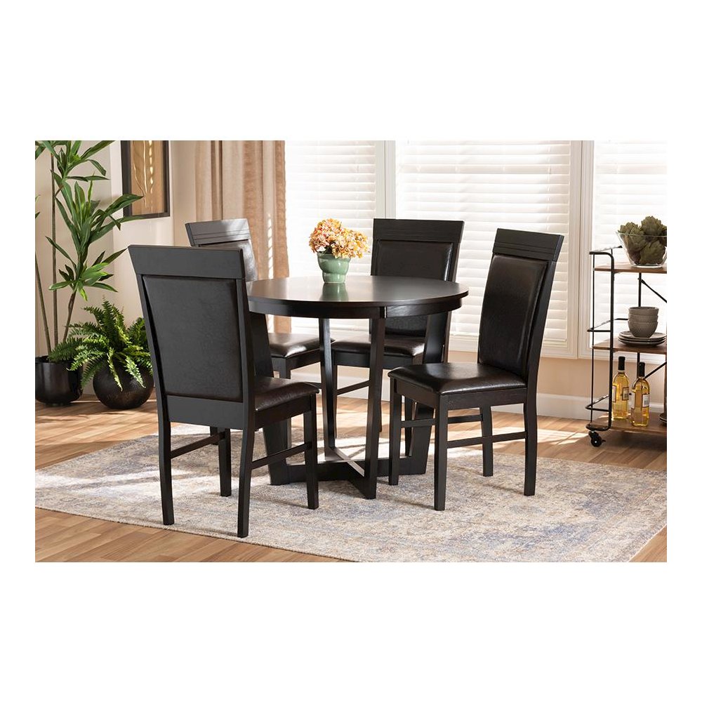 Leather Upholstered and Dark Brown Finished Wood 5-Piece Dining Set. Picture 7