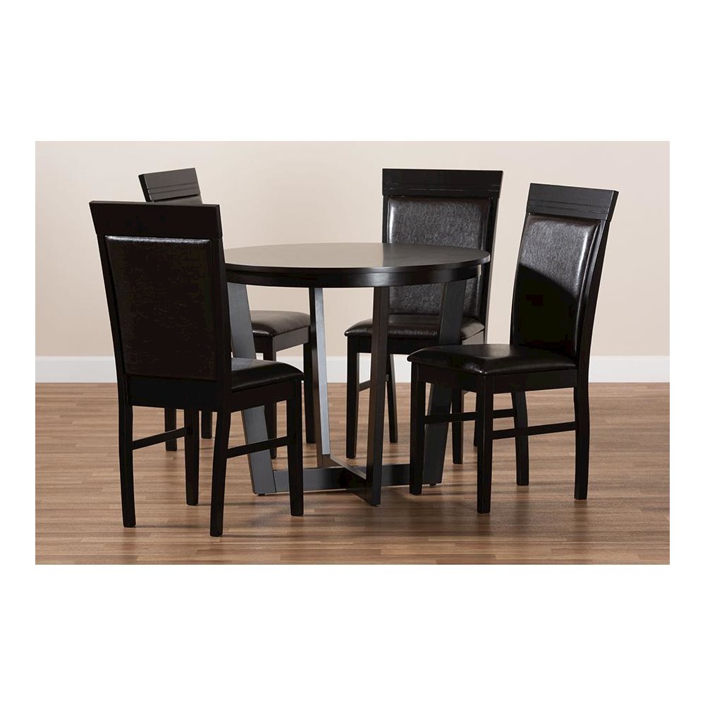 Leather Upholstered and Dark Brown Finished Wood 5-Piece Dining Set. Picture 8