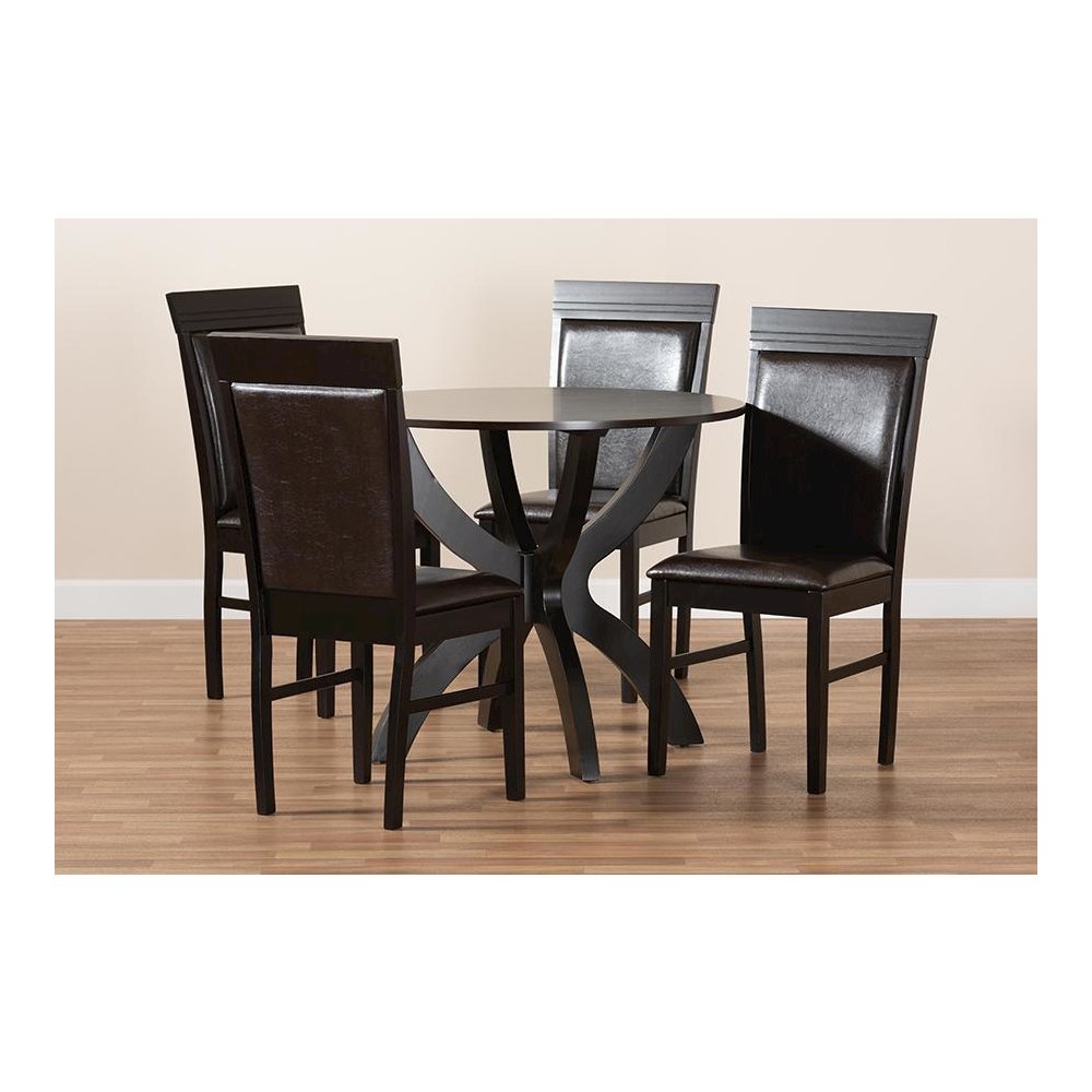 Leather Upholstered and Dark Brown Finished Wood 5-Piece Dining Set. Picture 8
