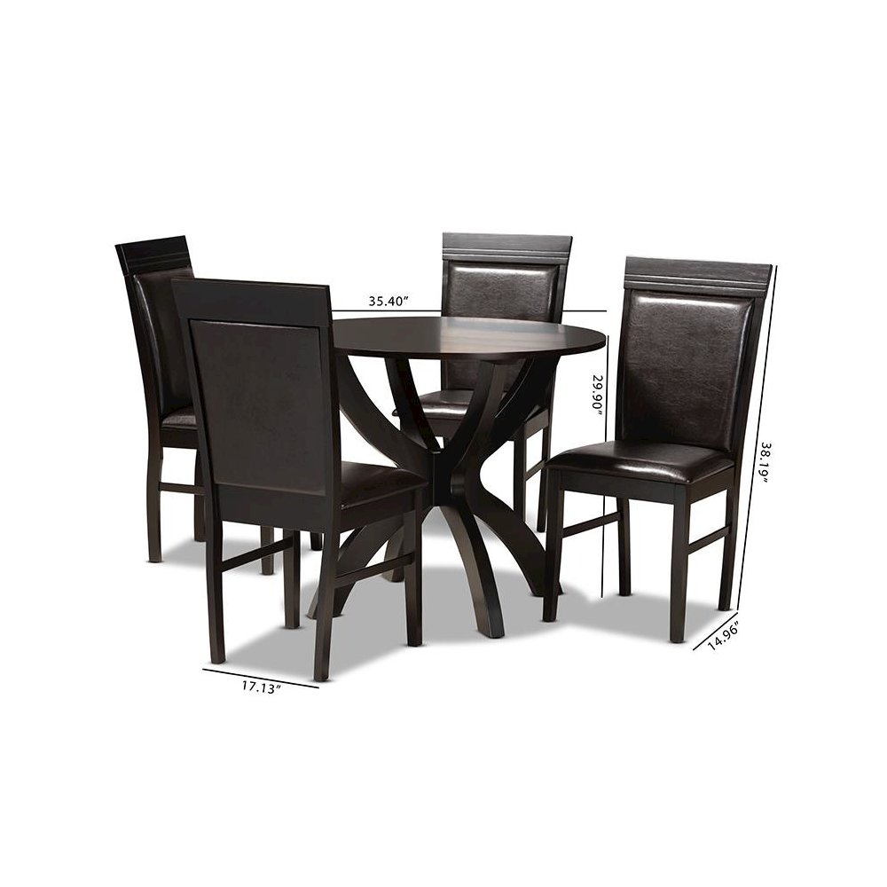 Leather Upholstered and Dark Brown Finished Wood 5-Piece Dining Set. Picture 9