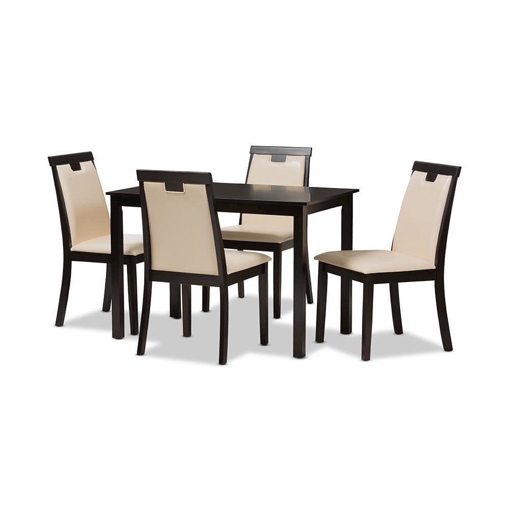 Beige Faux Leather Upholstered and Dark Brown Finished 5-Piece Dining Set. Picture 1