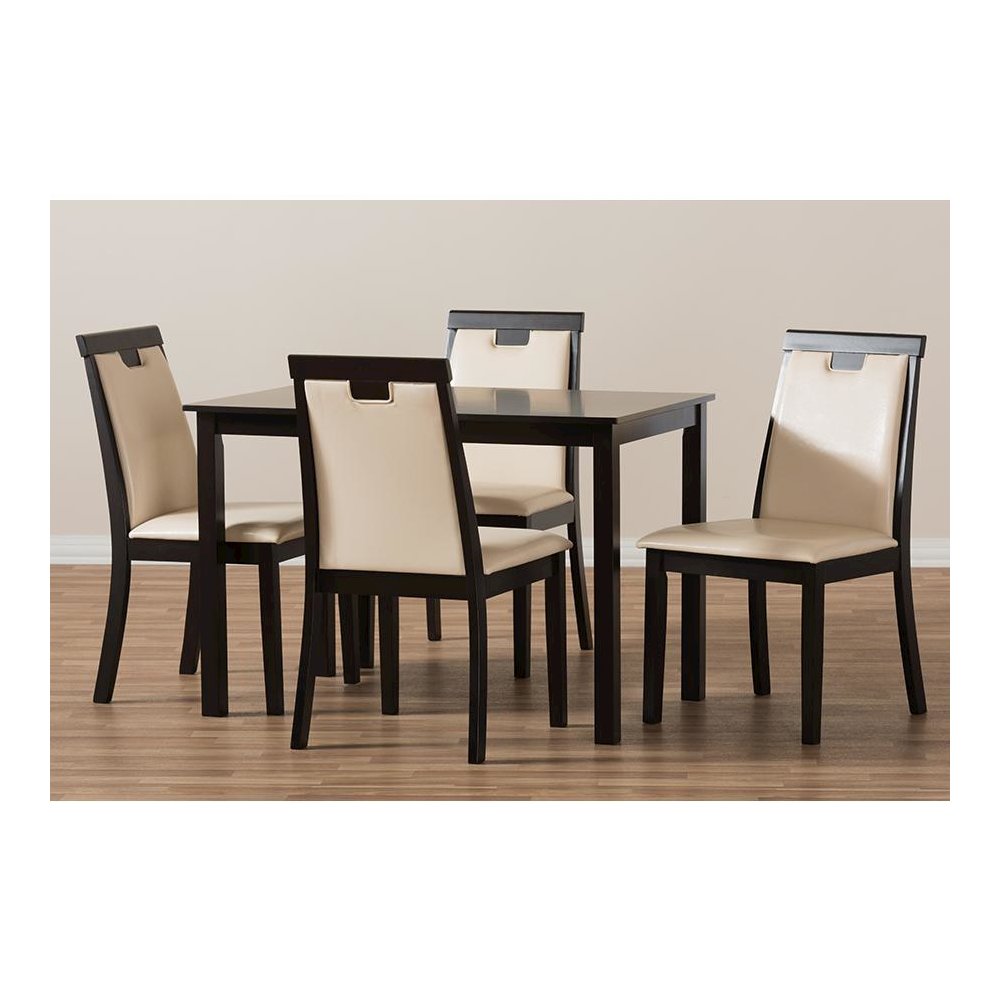 Beige Faux Leather Upholstered and Dark Brown Finished 5-Piece Dining Set. Picture 6