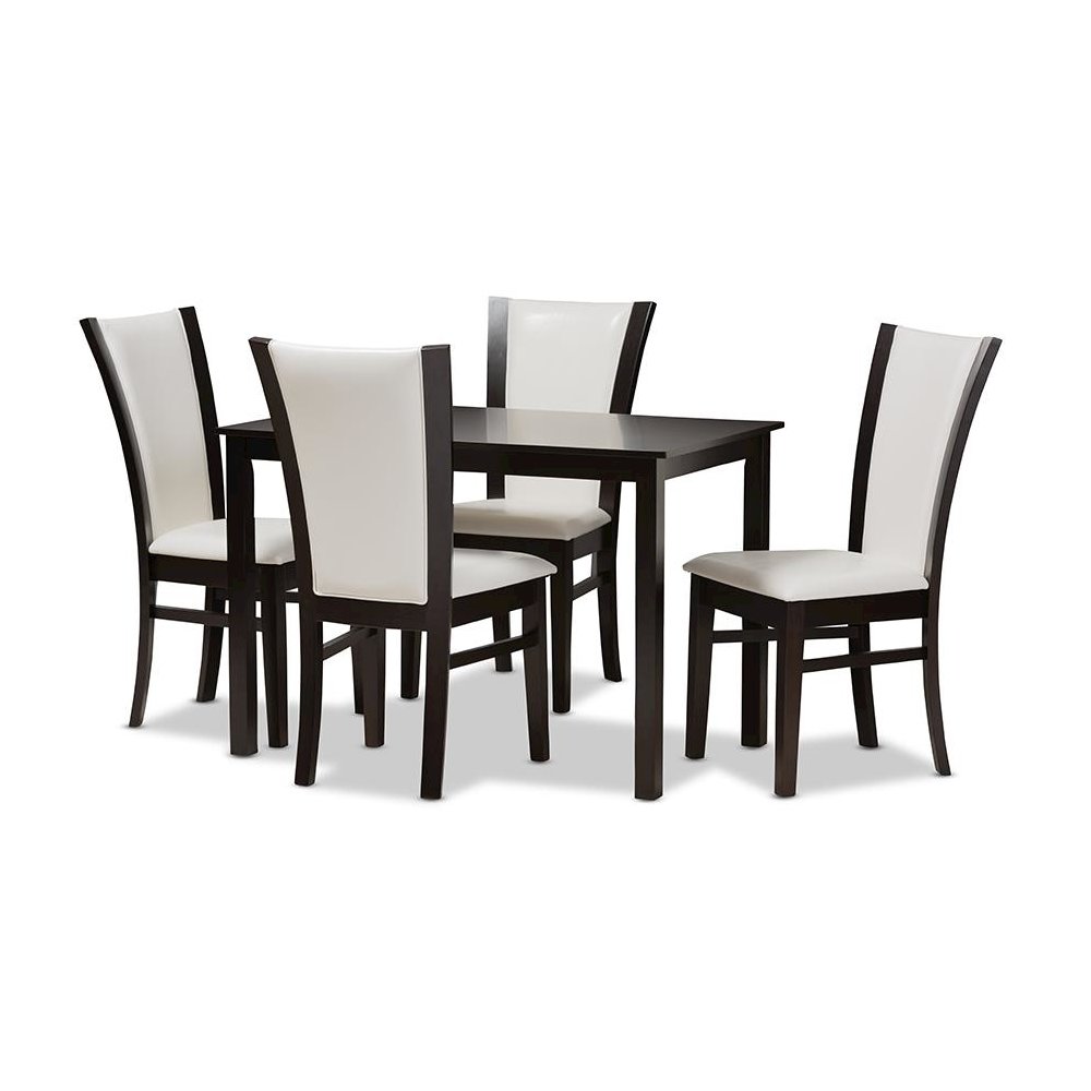 5-Piece Dark Brown Finished White Faux Leather Dining Set. Picture 1