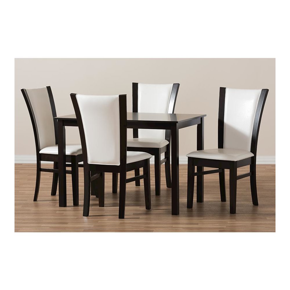 5-Piece Dark Brown Finished White Faux Leather Dining Set. Picture 6