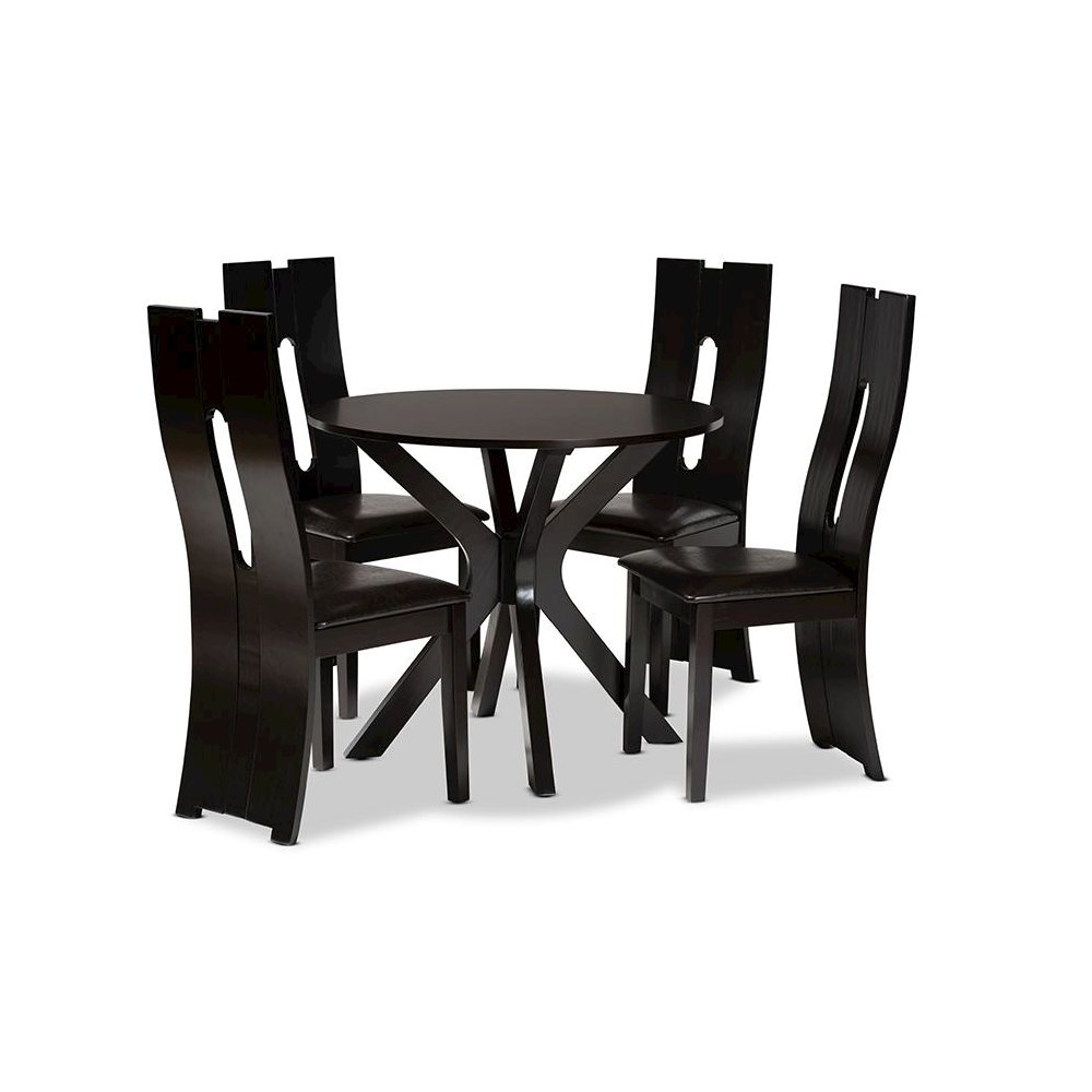 Leather Upholstered and Dark Brown Finished Wood 5-Piece Dining Set. Picture 1