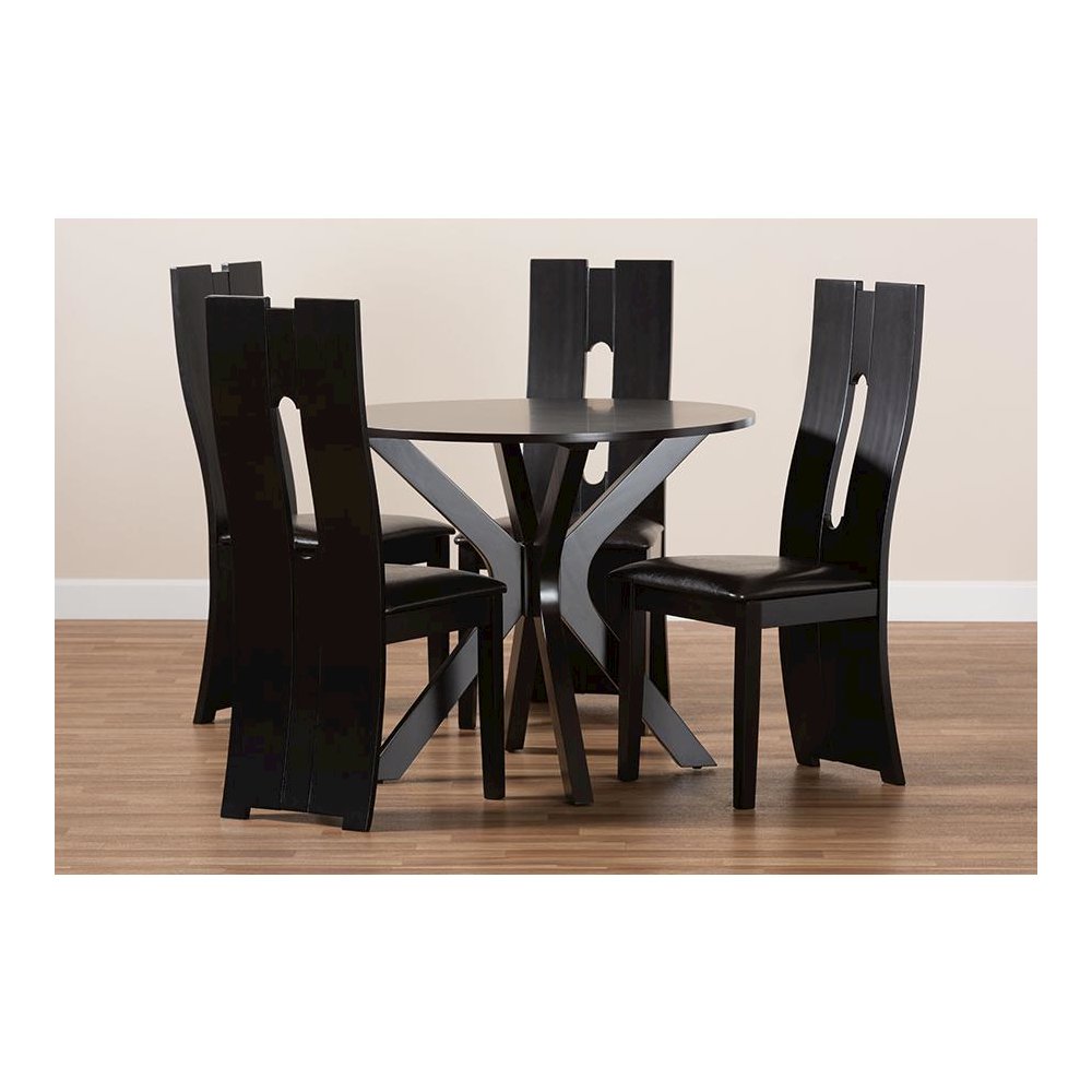 Leather Upholstered and Dark Brown Finished Wood 5-Piece Dining Set. Picture 8