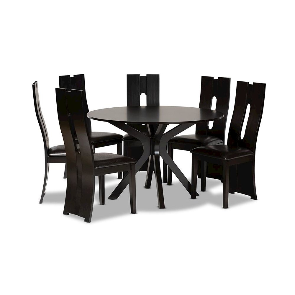 Leather Upholstered and Dark Brown Finished Wood 7-Piece Dining Set. Picture 1