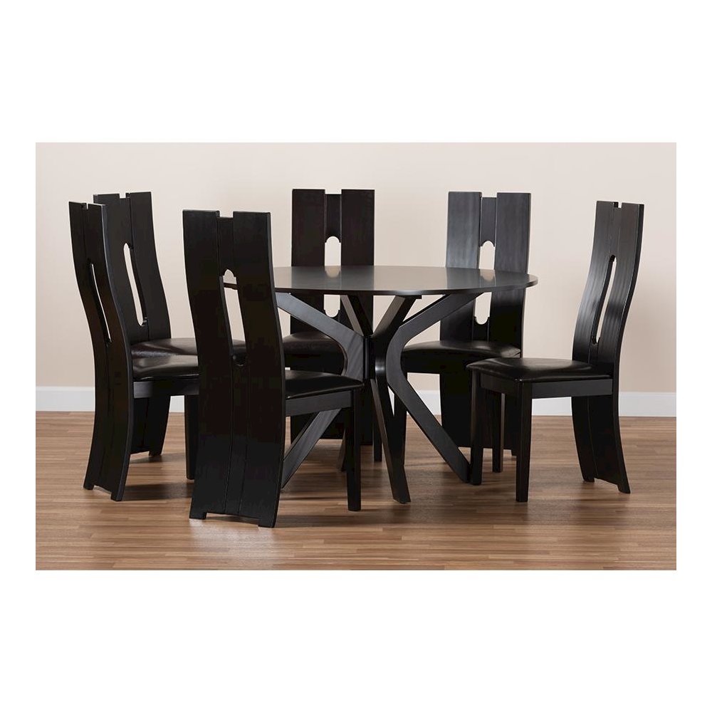 Leather Upholstered and Dark Brown Finished Wood 7-Piece Dining Set. Picture 8