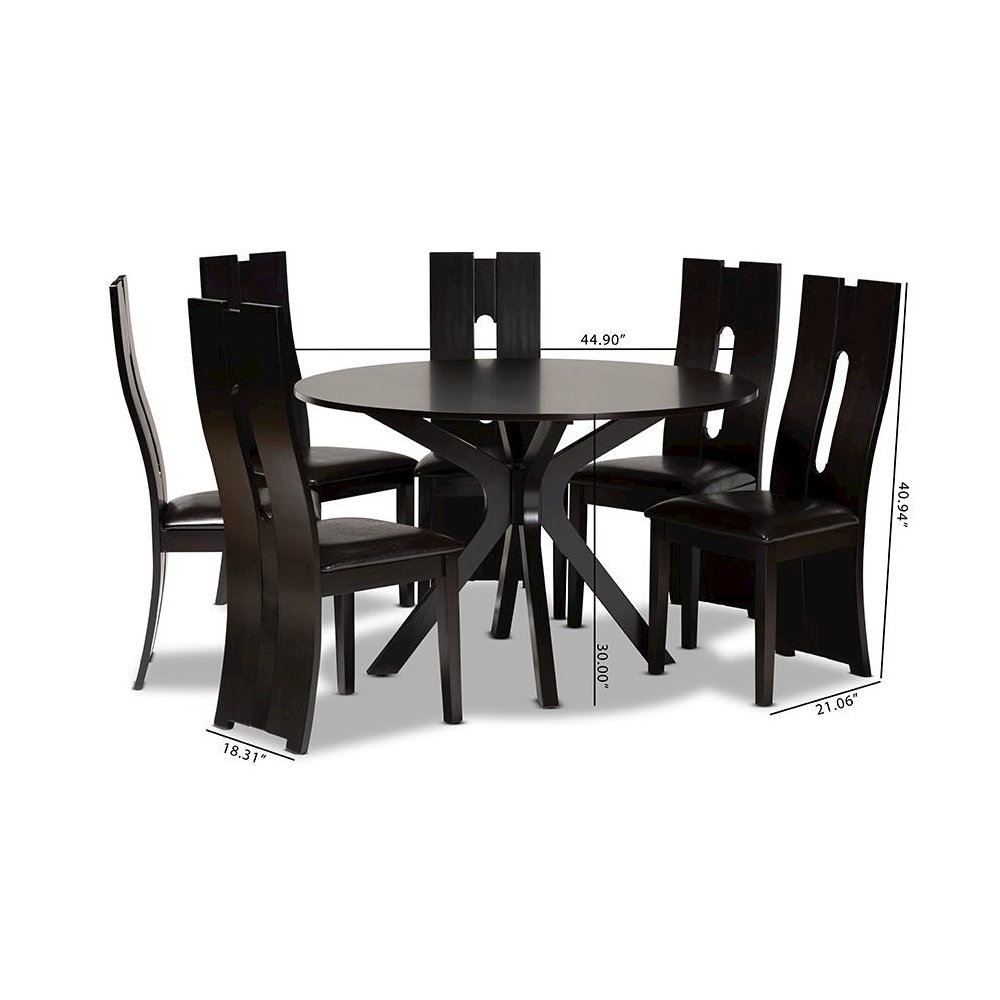 Leather Upholstered and Dark Brown Finished Wood 7-Piece Dining Set. Picture 9