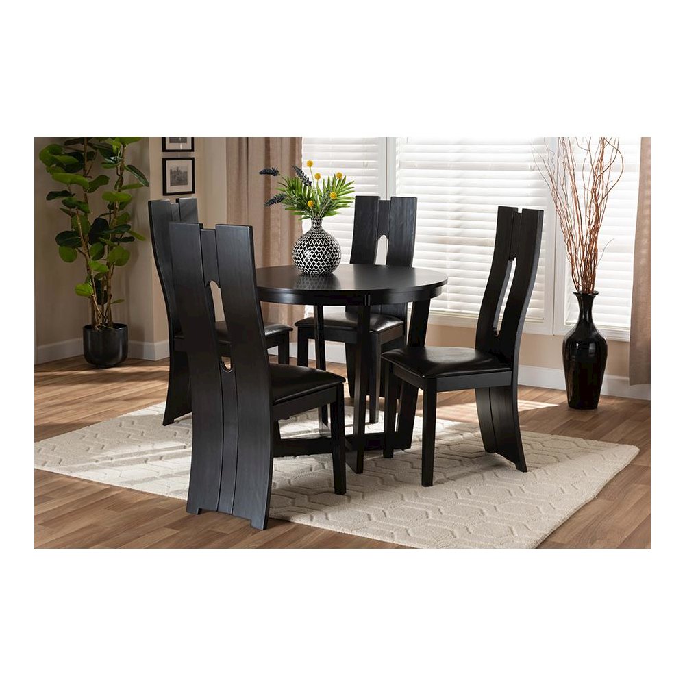 Leather Upholstered and Dark Brown Finished Wood 5-Piece Dining Set. Picture 7