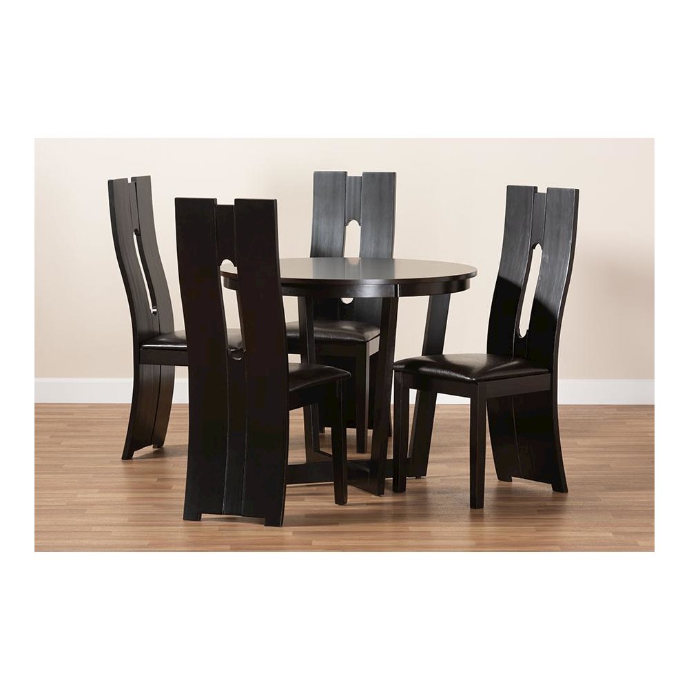 Leather Upholstered and Dark Brown Finished Wood 5-Piece Dining Set. Picture 8