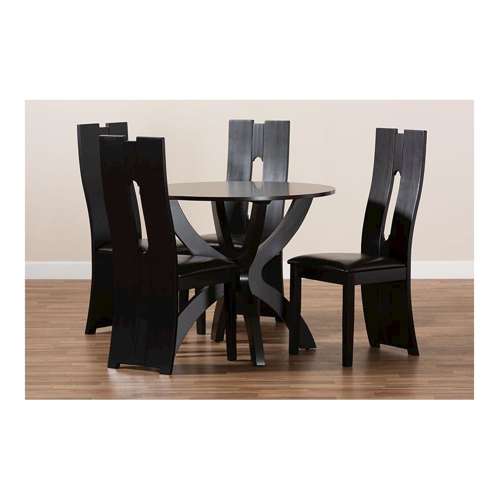 Leather Upholstered and Dark Brown Finished Wood 5-Piece Dining Set. Picture 8
