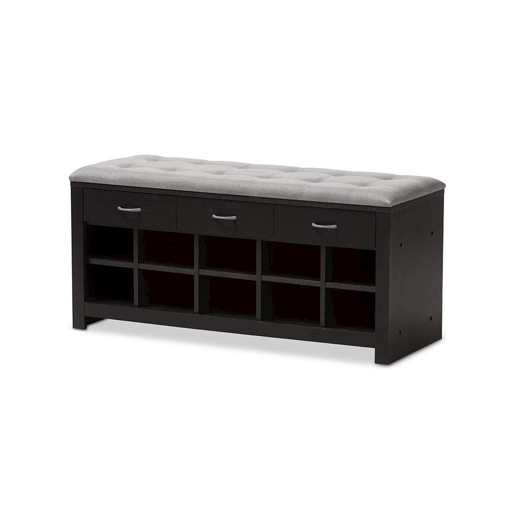 Espresso Finished Grey Fabric Upholstered Cushioned Entryway Bench. Picture 1