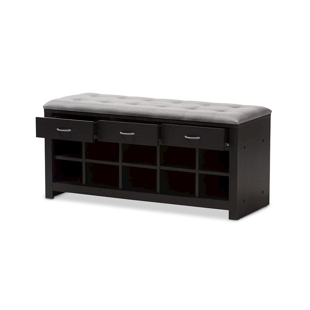 Espresso Finished Grey Fabric Upholstered Cushioned Entryway Bench. Picture 2