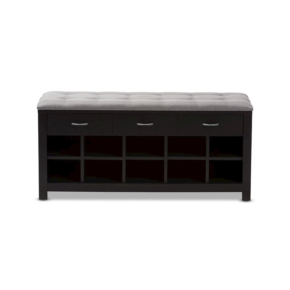 Espresso Finished Grey Fabric Upholstered Cushioned Entryway Bench. Picture 3