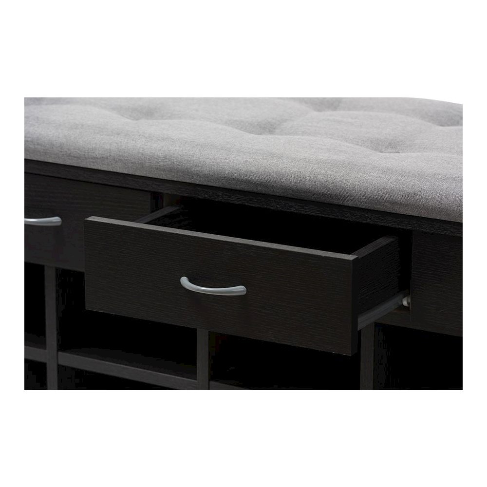 Espresso Finished Grey Fabric Upholstered Cushioned Entryway Bench. Picture 5
