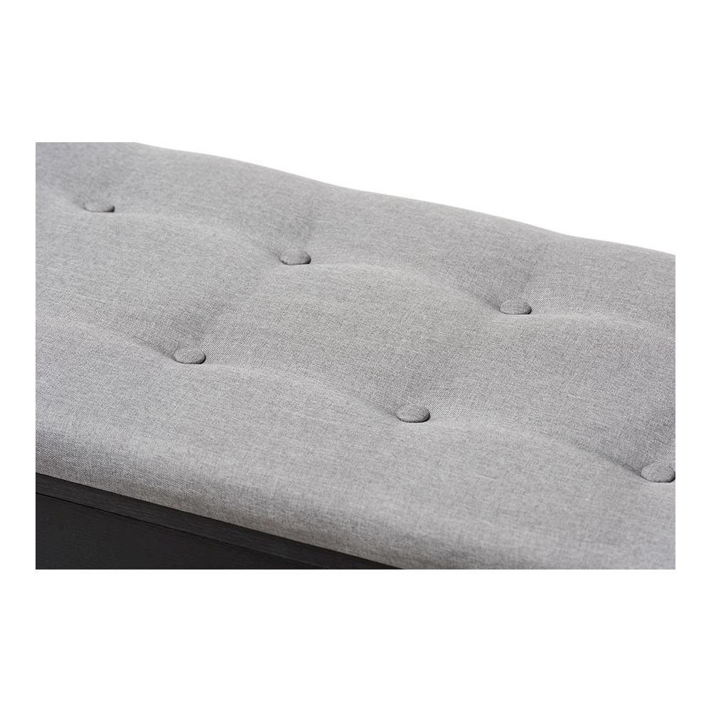 Espresso Finished Grey Fabric Upholstered Cushioned Entryway Bench. Picture 6