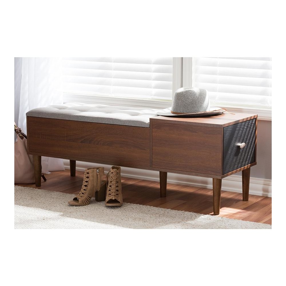 Wood Entryway Storage Grey Fabric Cushioned Bench Shoe Rack Cabinet Organizer. Picture 9