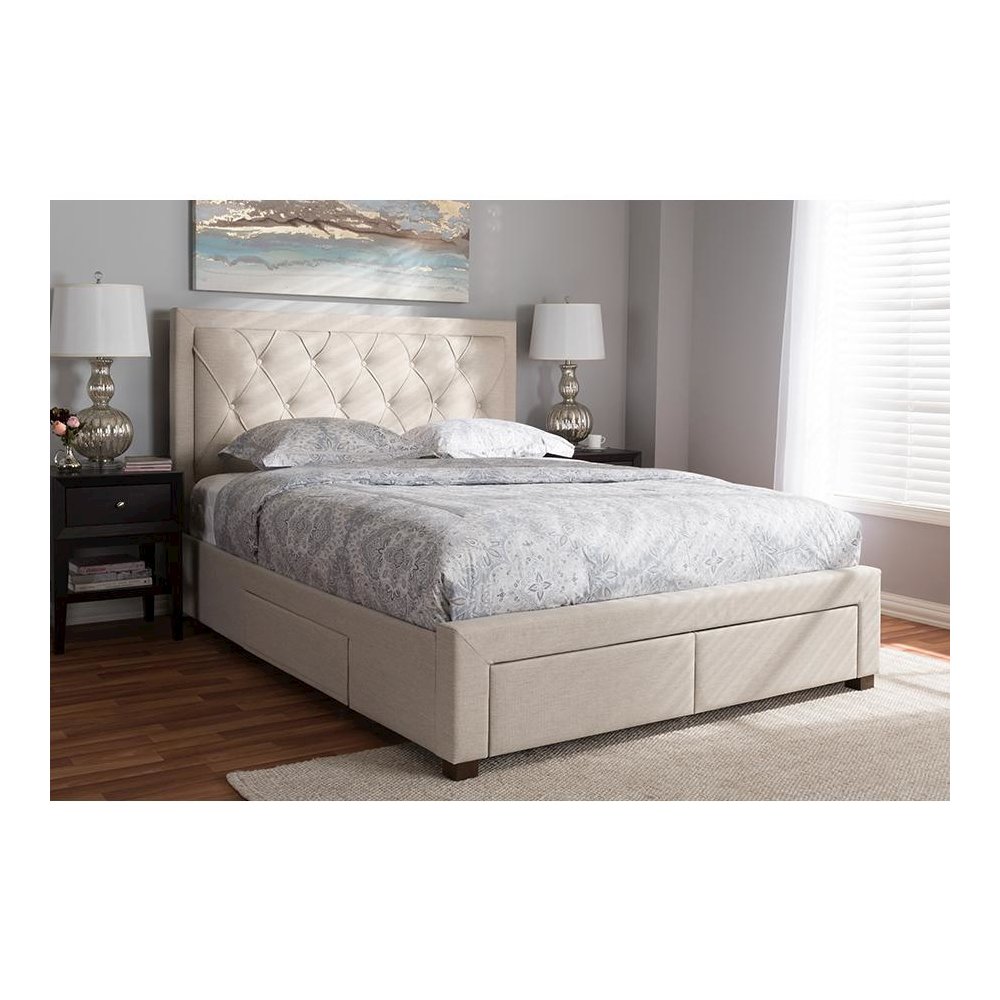 Light Beige Fabric Upholstered Queen Size Storage Bed. Picture 10