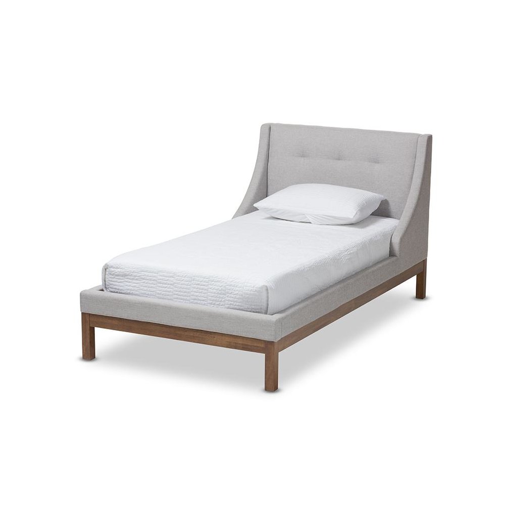 Greyish Beige Fabric Upholstered Walnut-Finished Twin Sized Platform Bed. Picture 1