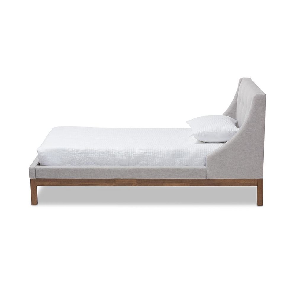 Greyish Beige Fabric Upholstered Walnut-Finished Twin Sized Platform Bed. Picture 2