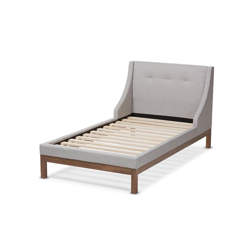 Greyish Beige Fabric Upholstered Walnut-Finished Twin Sized Platform Bed. Picture 3