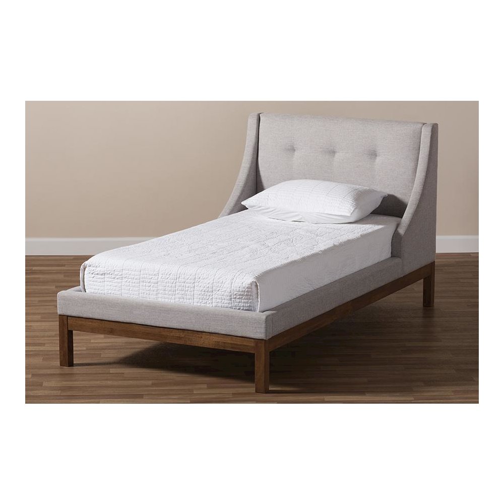 Greyish Beige Fabric Upholstered Walnut-Finished Twin Sized Platform Bed. Picture 7