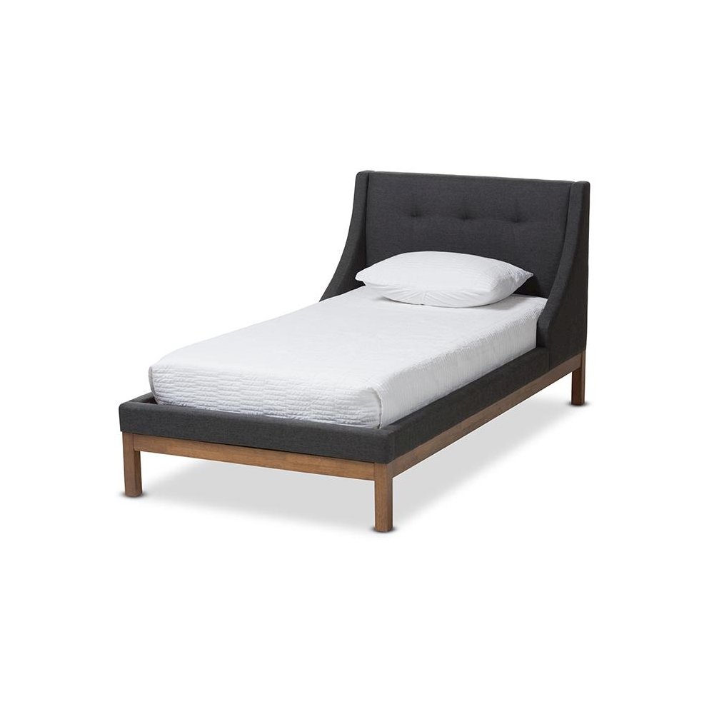 Dark Grey Fabric Upholstered Walnut-Finished Twin Sized Platform Bed. Picture 1