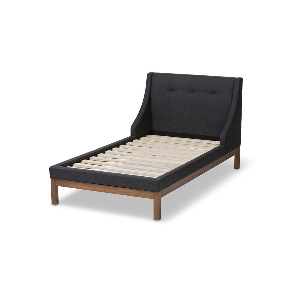 Dark Grey Fabric Upholstered Walnut-Finished Twin Sized Platform Bed. Picture 3