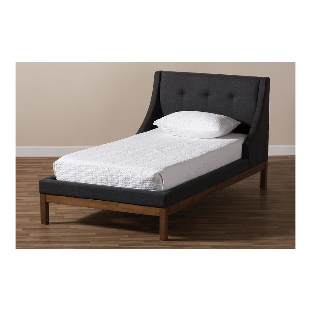 Dark Grey Fabric Upholstered Walnut-Finished Twin Sized Platform Bed. Picture 7