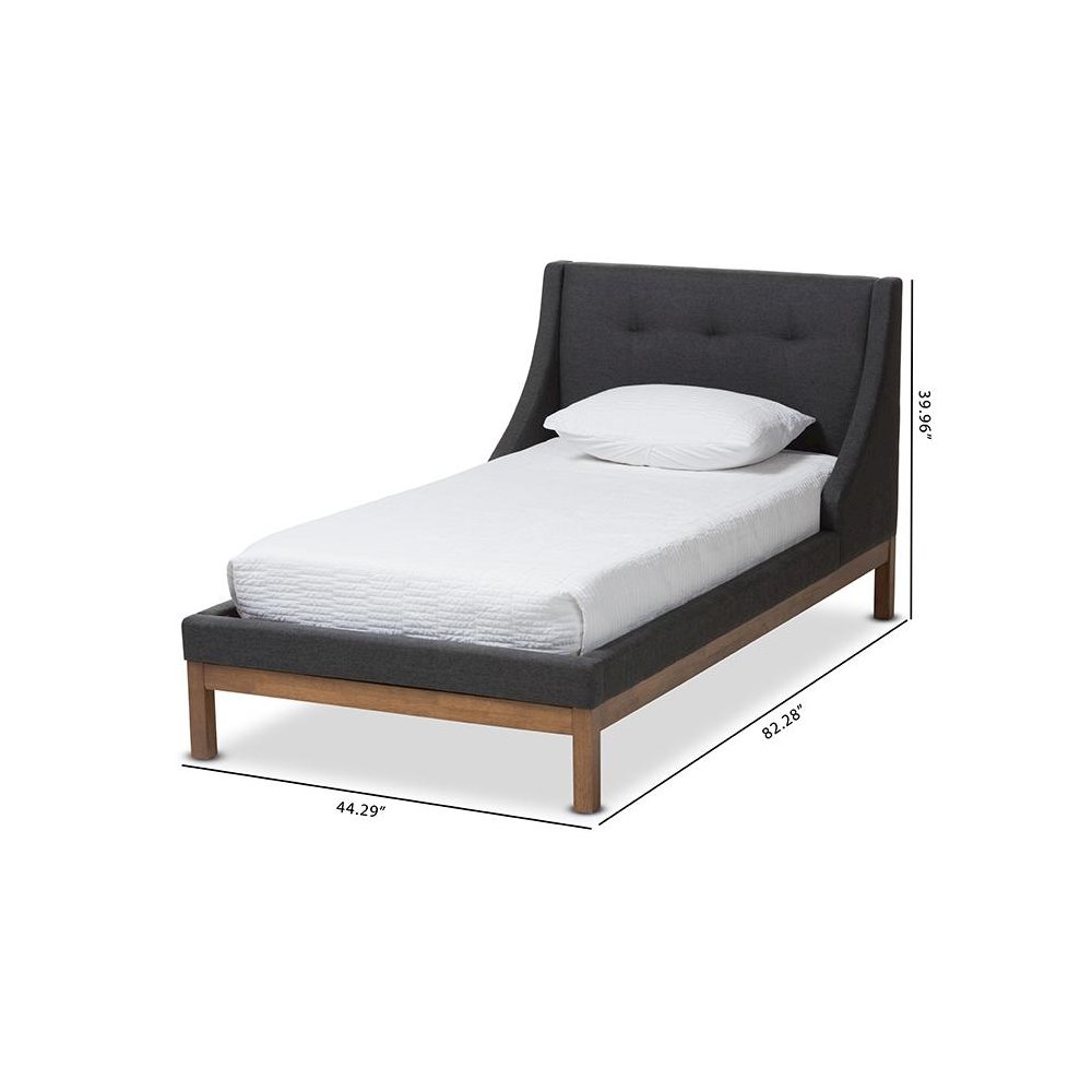 Dark Grey Fabric Upholstered Walnut-Finished Twin Sized Platform Bed. Picture 8