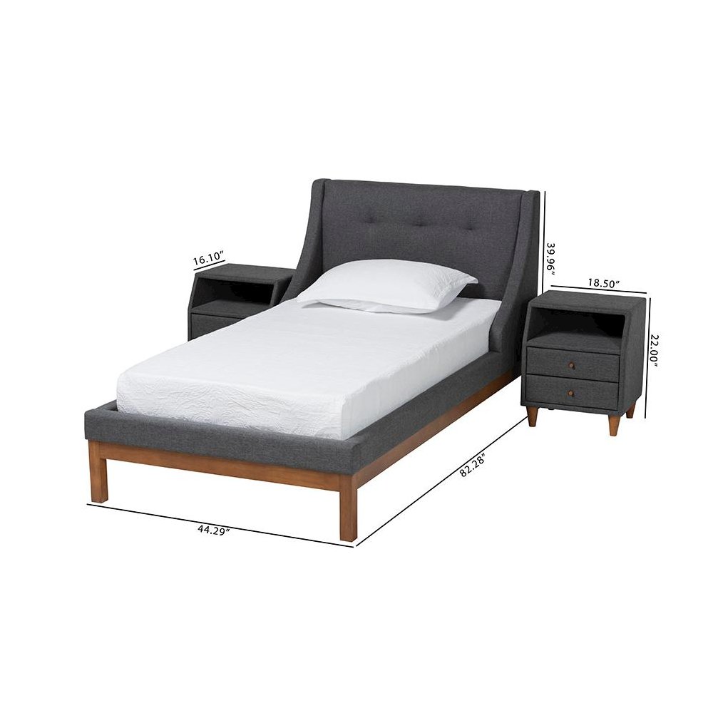 Transitional Dark Grey Fabric Upholstered Twin Size 3-Piece Bedroom Set. Picture 11